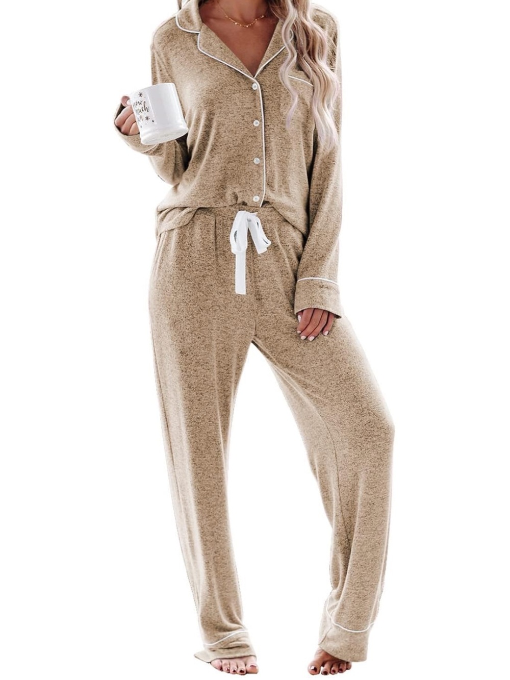 Aamikast Women's Pajama Sets Long Sleeve Button Down Sleepwear- Light Brown